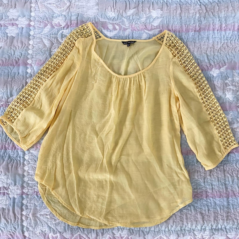 Unique Spectrum Yellow Blouse Top with crochet style sleeves